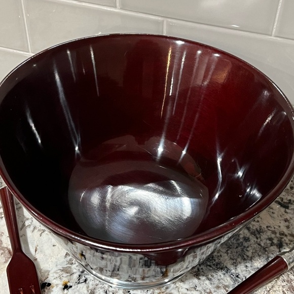 Mid Century Modern Mahogany Bowl Set, Vintage Salad Serving Bowl Pewter Accents - Picture 2 of 6